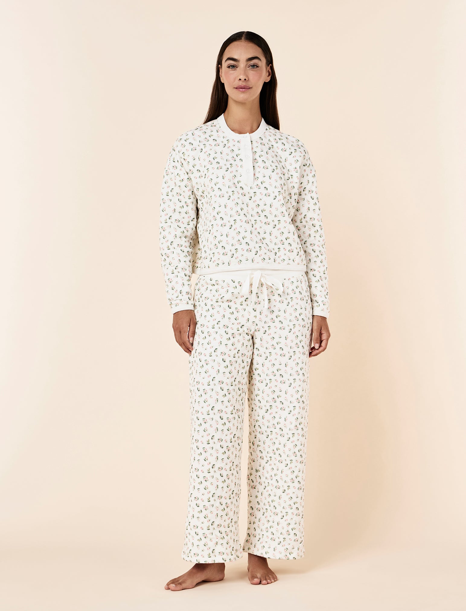 Quilted Cotton Henley Long Sleeve Top