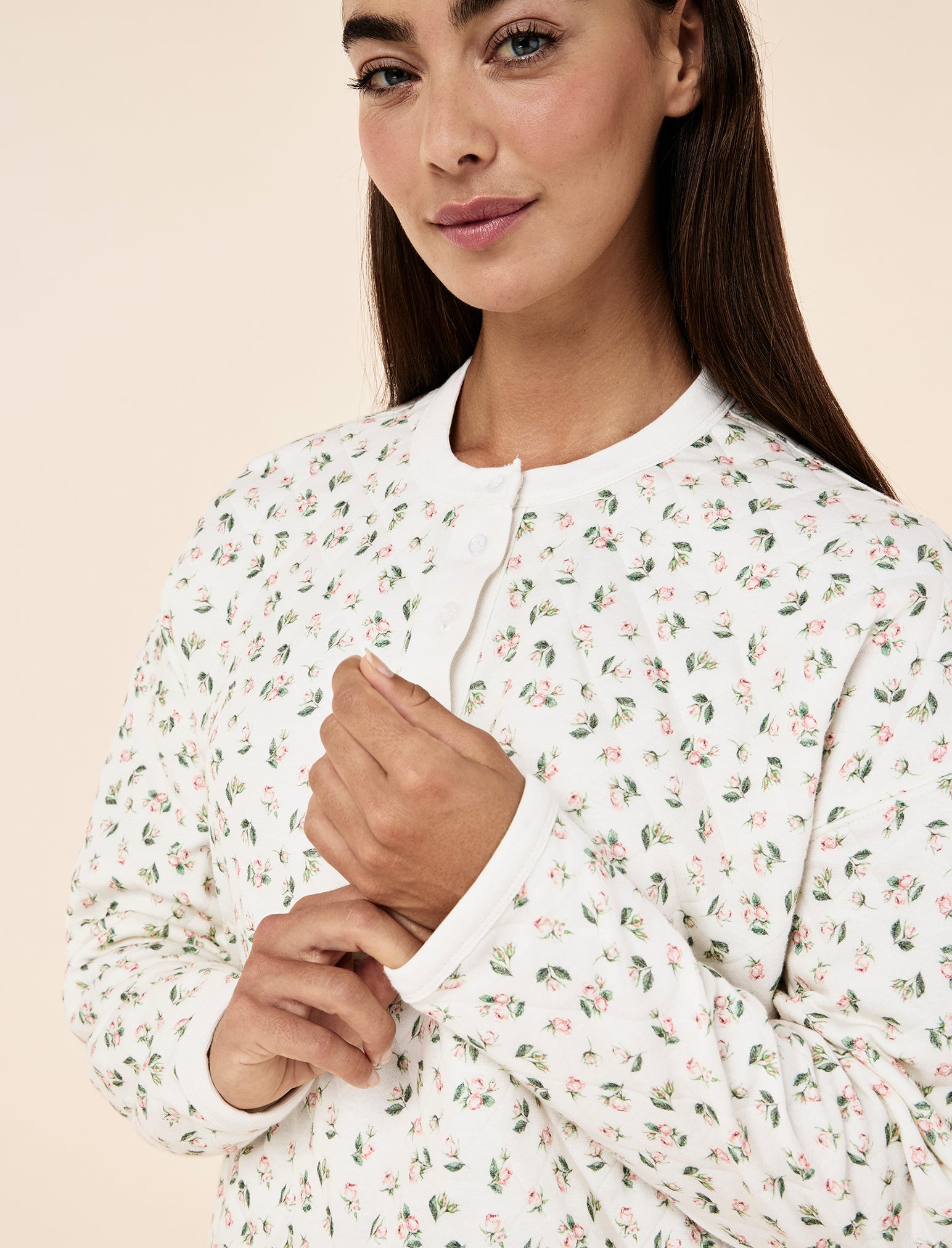 Quilted Cotton Henley Long Sleeve Top