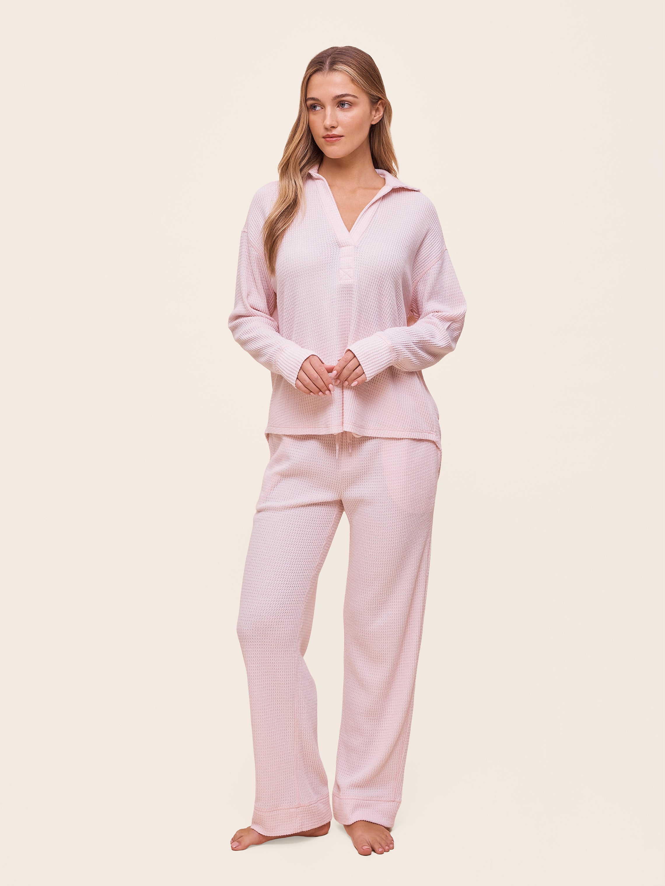 Super Soft Waffle Open Collared Long Sleeve Top & Pant Set