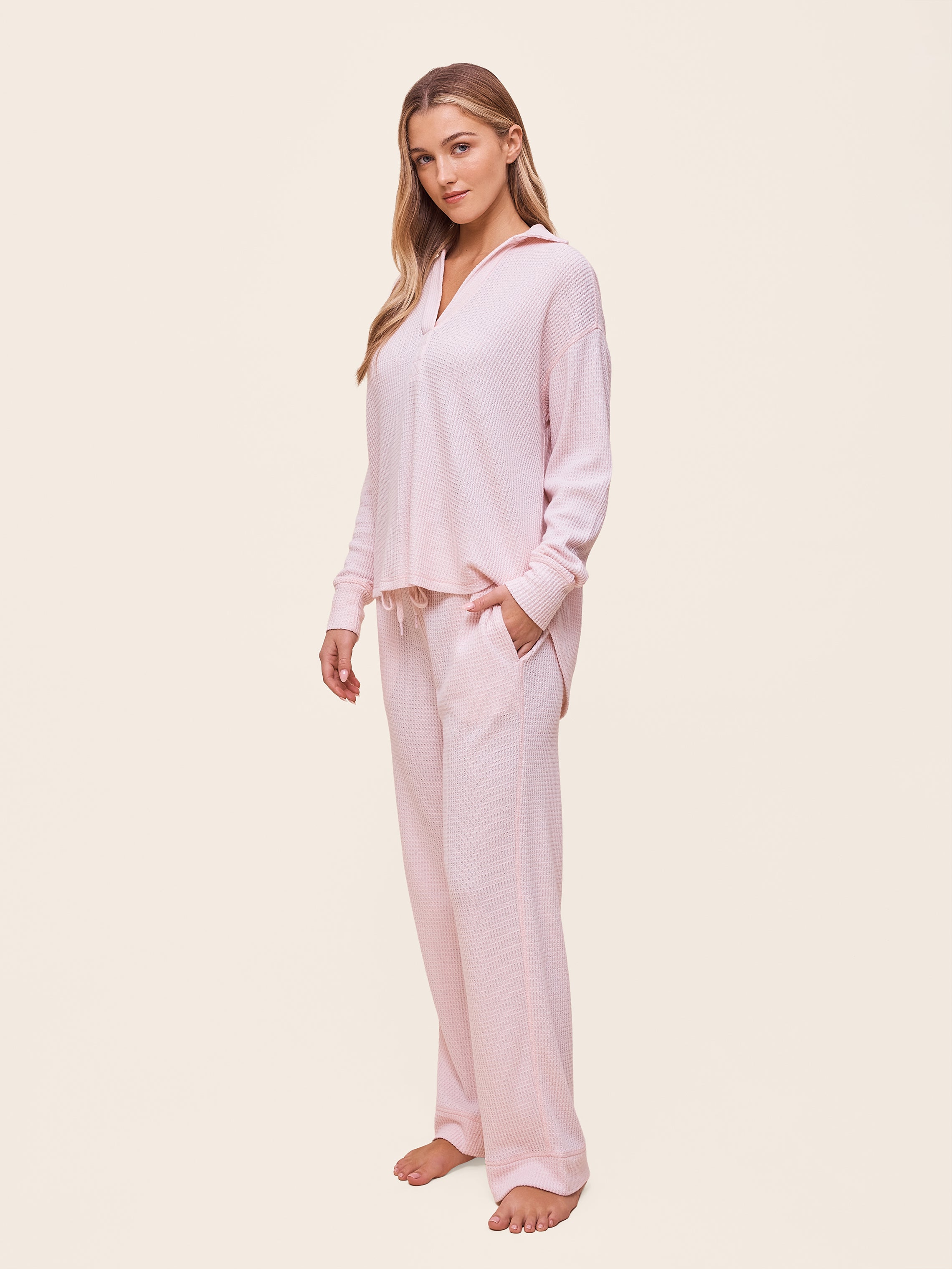 Super Soft Waffle Open Collared Long Sleeve Top & Pant Set
