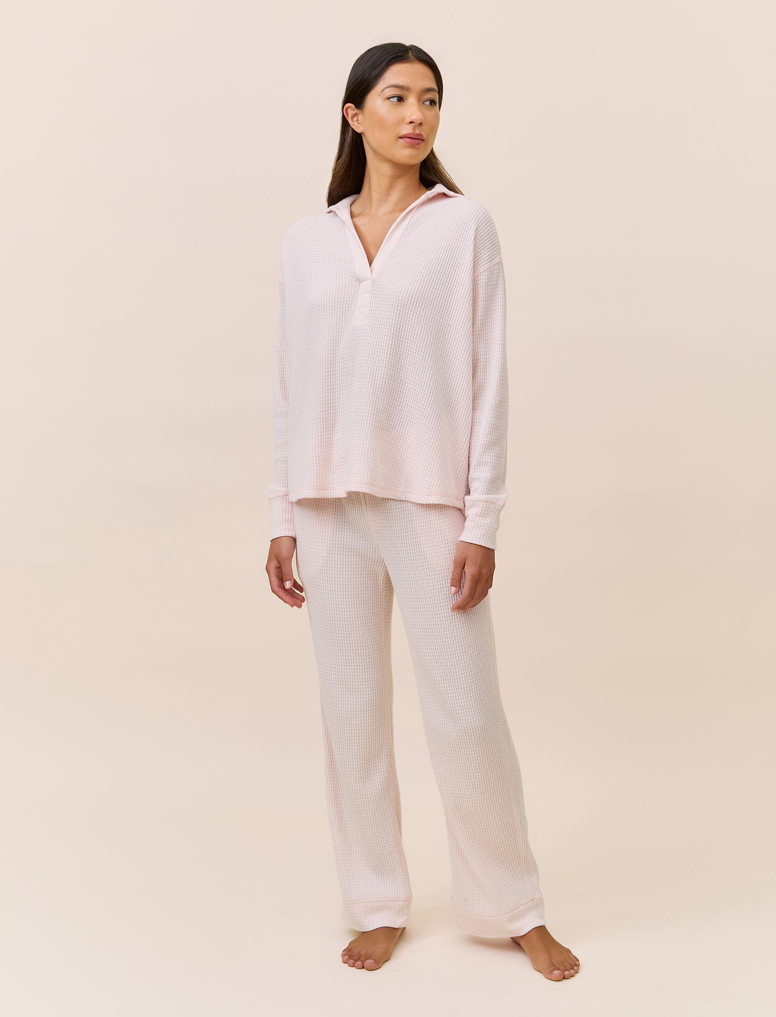 Super Soft Waffle Open Collared Long Sleeve Top