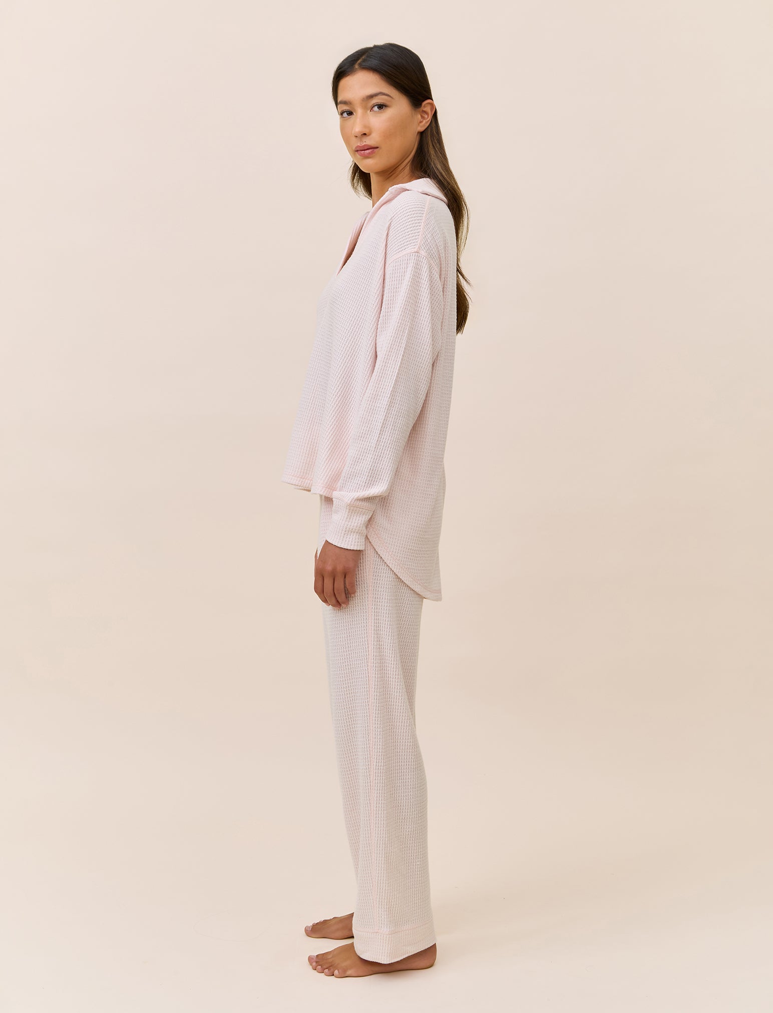 Super Soft Waffle Open Collared Long Sleeve Top