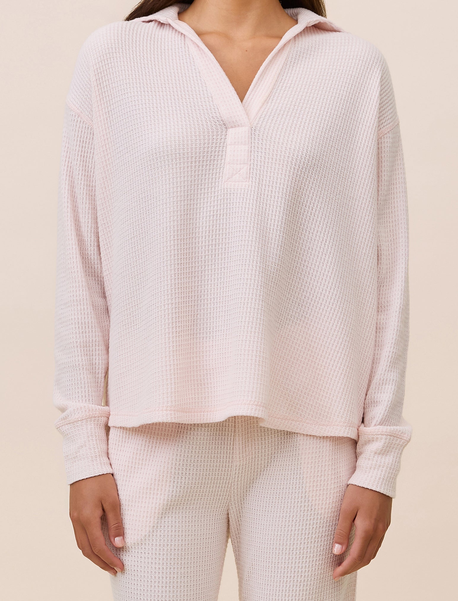 Super Soft Waffle Open Collared Long Sleeve Top