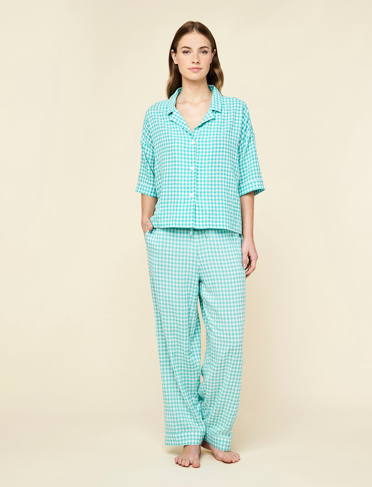 Seersucker Gingham Short Sleeve Shirt and Full Length Pant PJ Set
