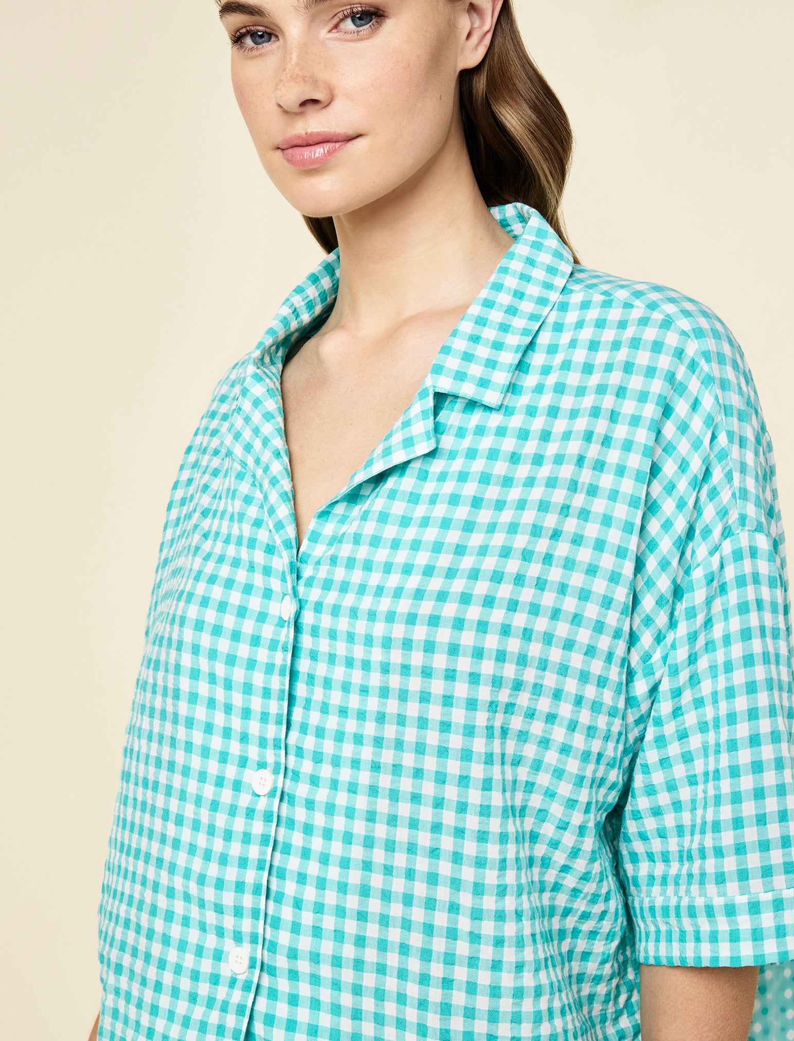 Seersucker Gingham Short Sleeve Shirt and Full Length Pant PJ Set