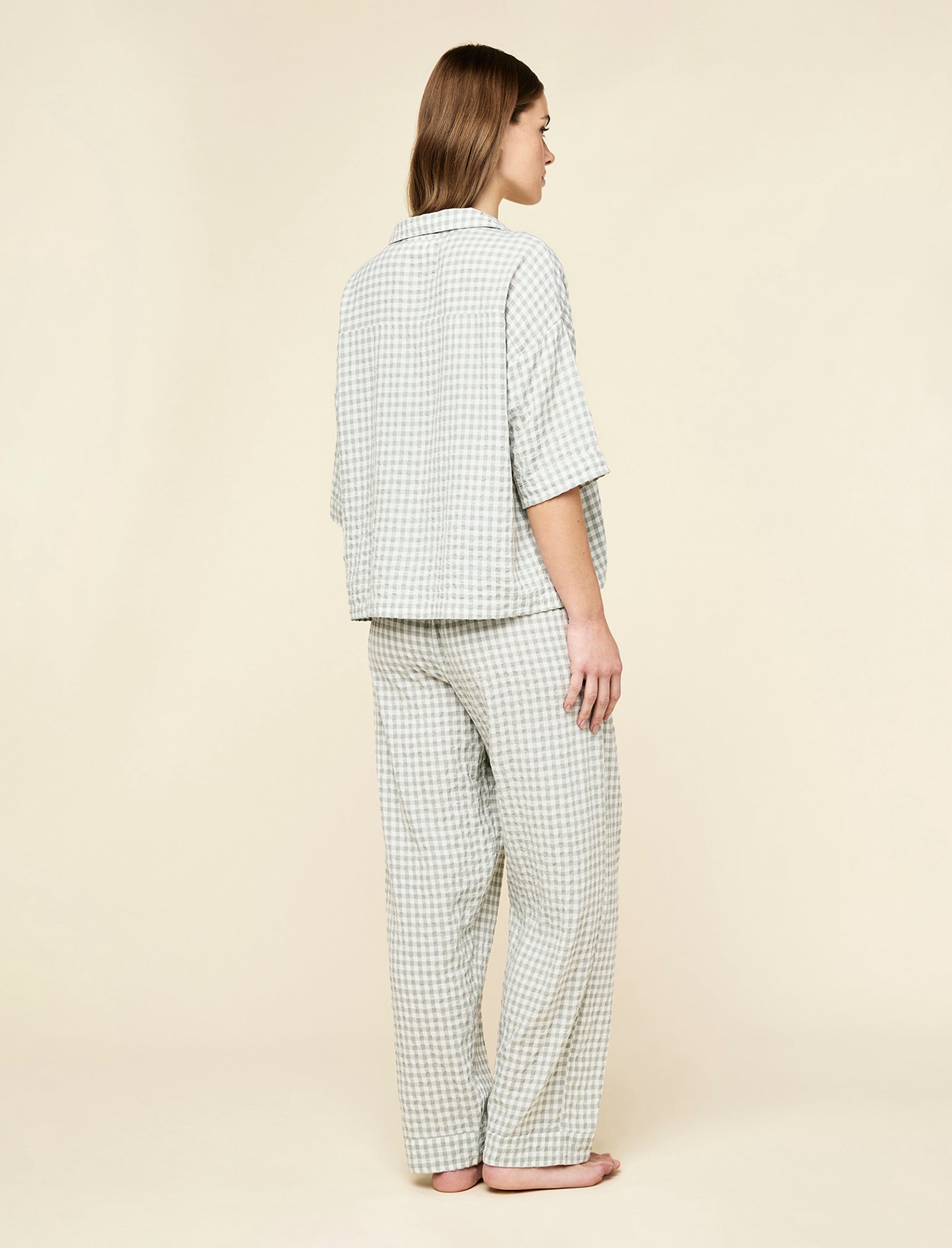 Seersucker Gingham Short Sleeve Shirt and Full Length Pant PJ