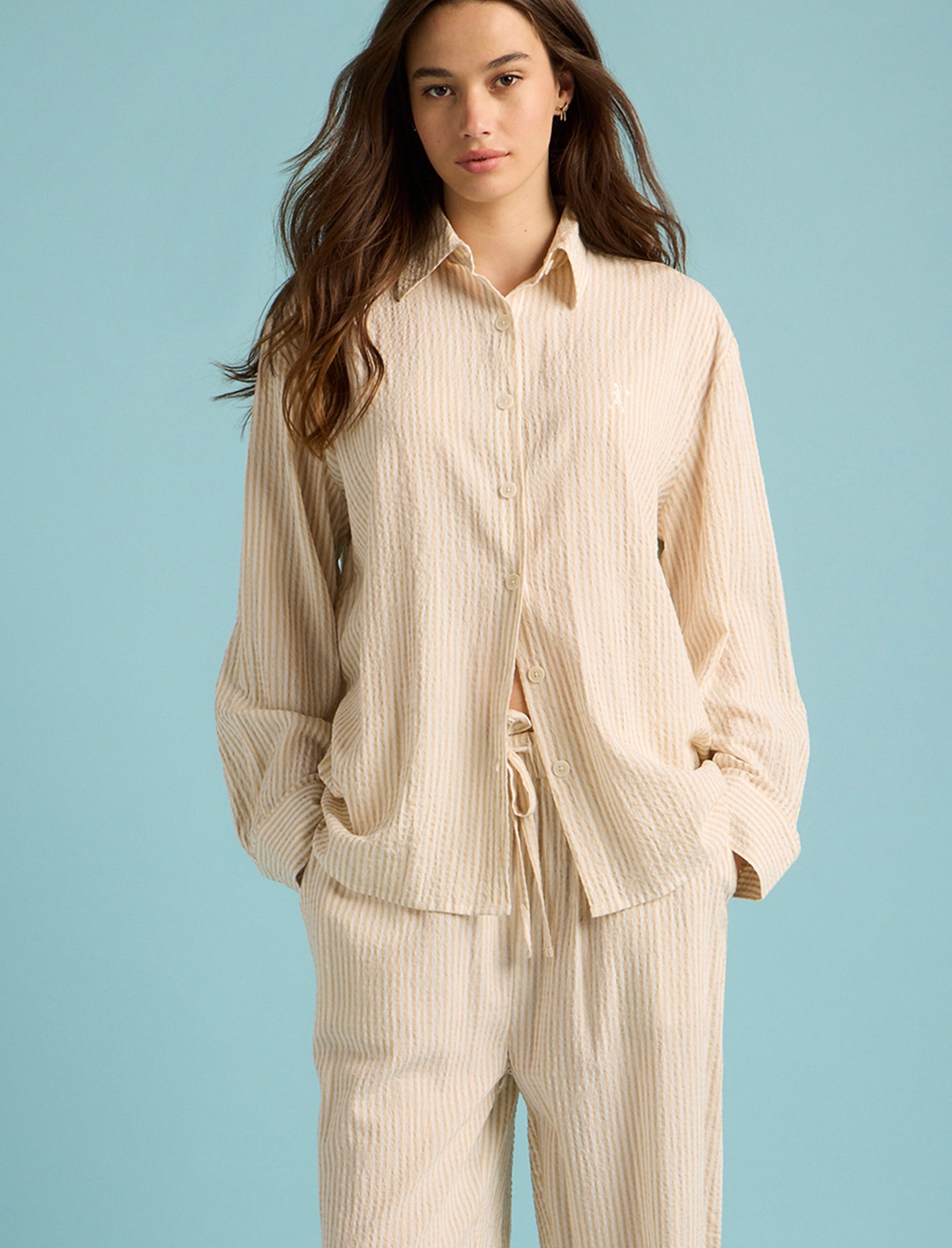Karen Walker Seersucker Stripe Full Length PJ Set