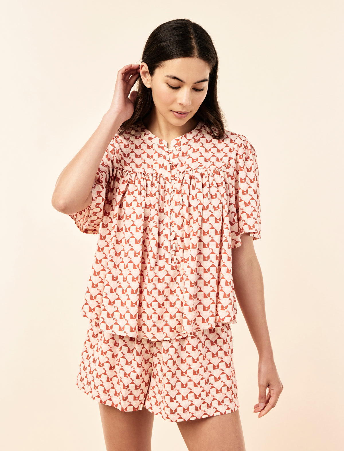 Karen Walker Monogram Tiles Gathered Boxer PJ Set