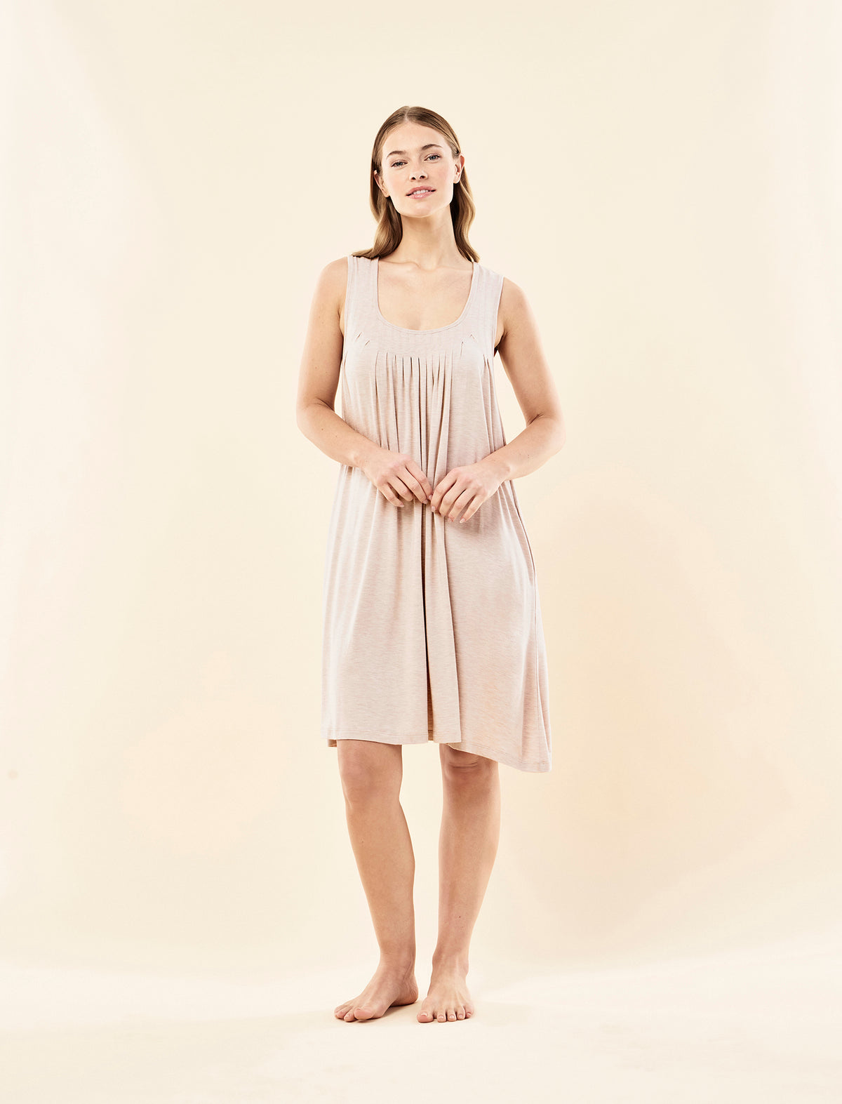 Sianie wearing the Kate Modal Soft Pleat Front Nightie
[model: Sianie wears size S |  Height: 175m
/ 5’9” | Bust: 85cm | Waist: 66cm| Hips: 93cm]
