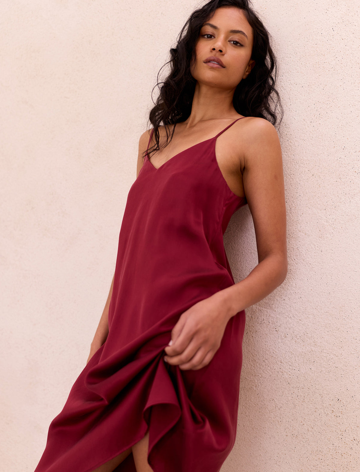 Michelle wearing the Audrey Washable Silk Slip Nightie
[model: Michelle wears size S |  Height: 177cm/ 5’9” | Bust: 80cm | Waist: 62cm | Hips: 90cm]
