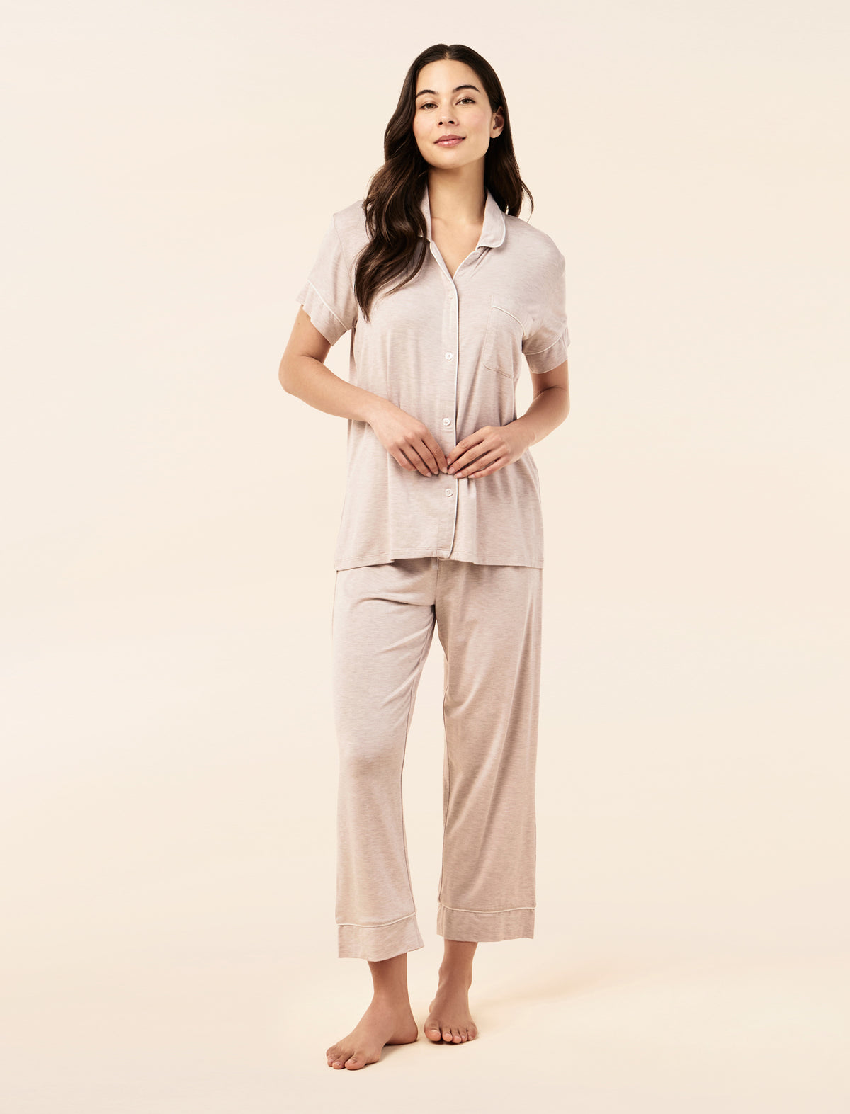 Sakura wearing the Kate Modal Soft Crop PJ Set
[model: Sakura wears size S |  Height: 173cm/ 5’8” | Bust: 81cm | Waist: 64cm | Hips: 89cm]
