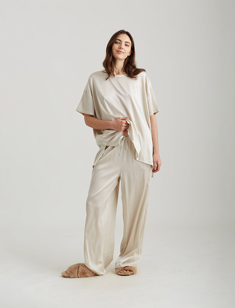 Eloise Stretch Silk Full Length Wide Leg Pant