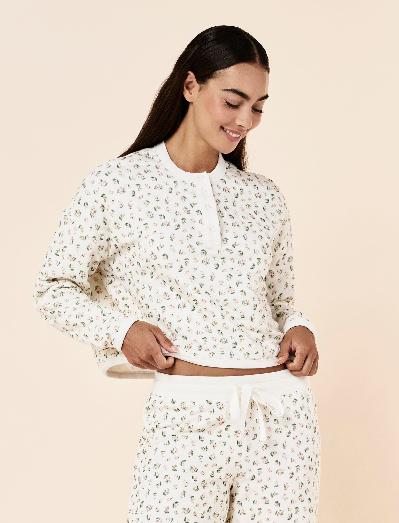 Quilted Cotton Henley Long Sleeve Top