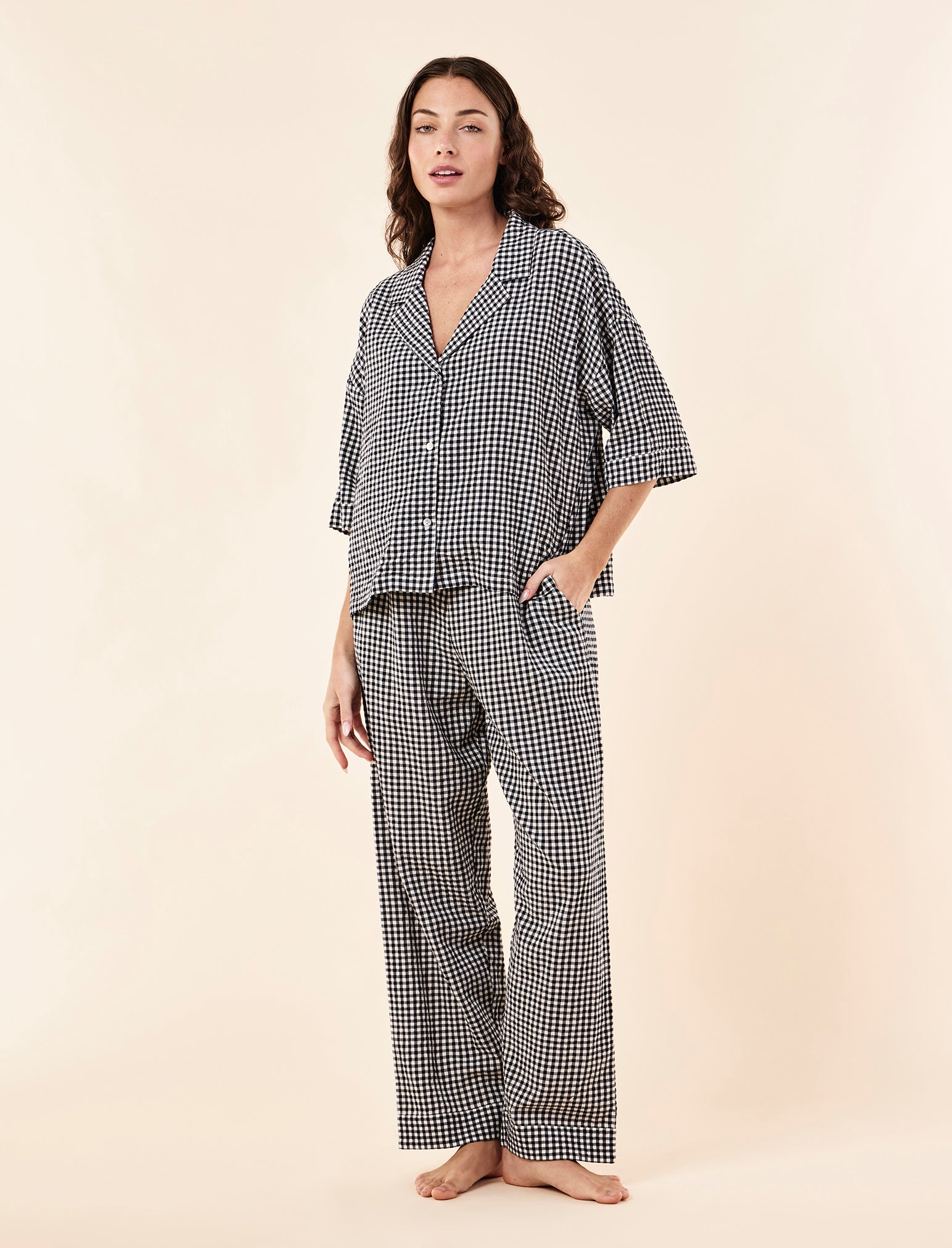 Seersucker Gingham Short Sleeve Shirt and Full Length Pant PJ Set