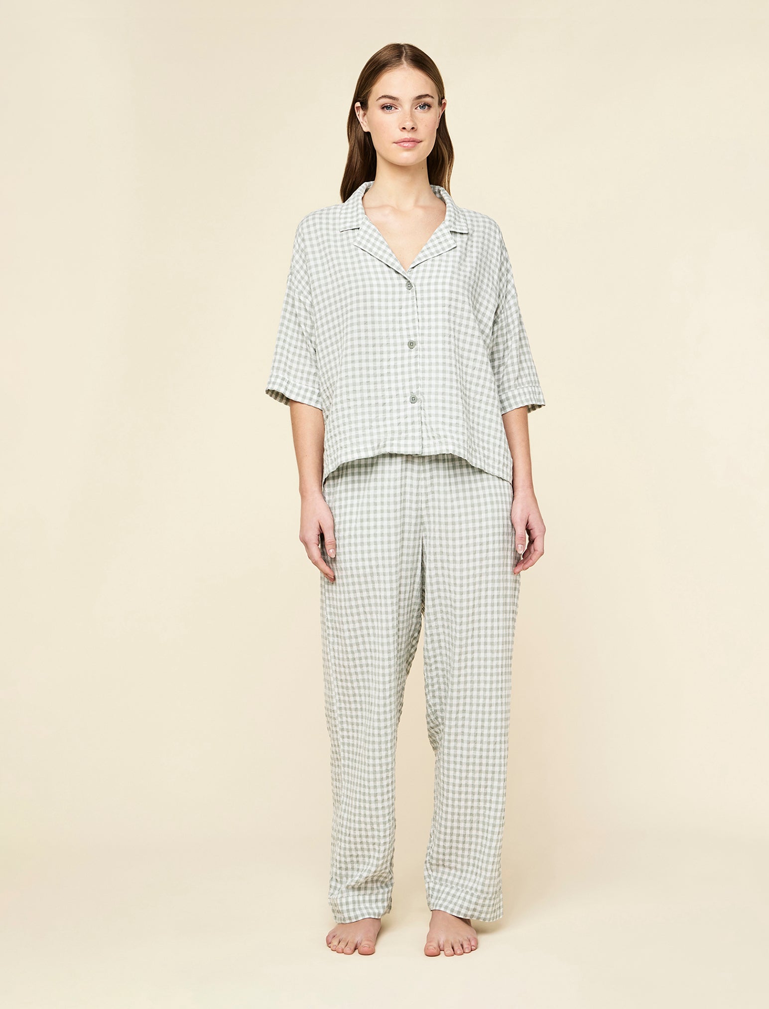 Seersucker Gingham Short Sleeve Shirt and Full Length Pant PJ