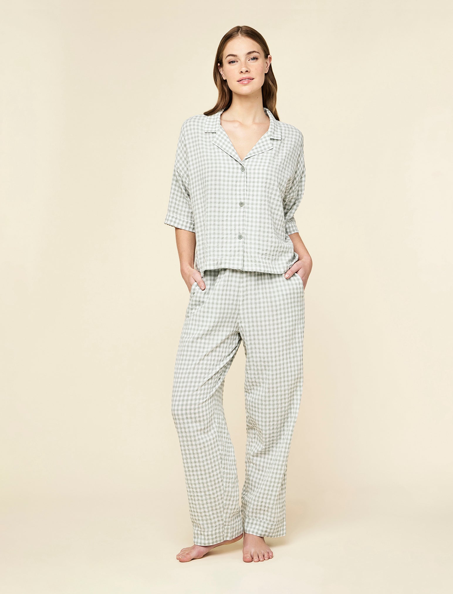 Seersucker Gingham Short Sleeve Shirt and Full Length Pant PJ