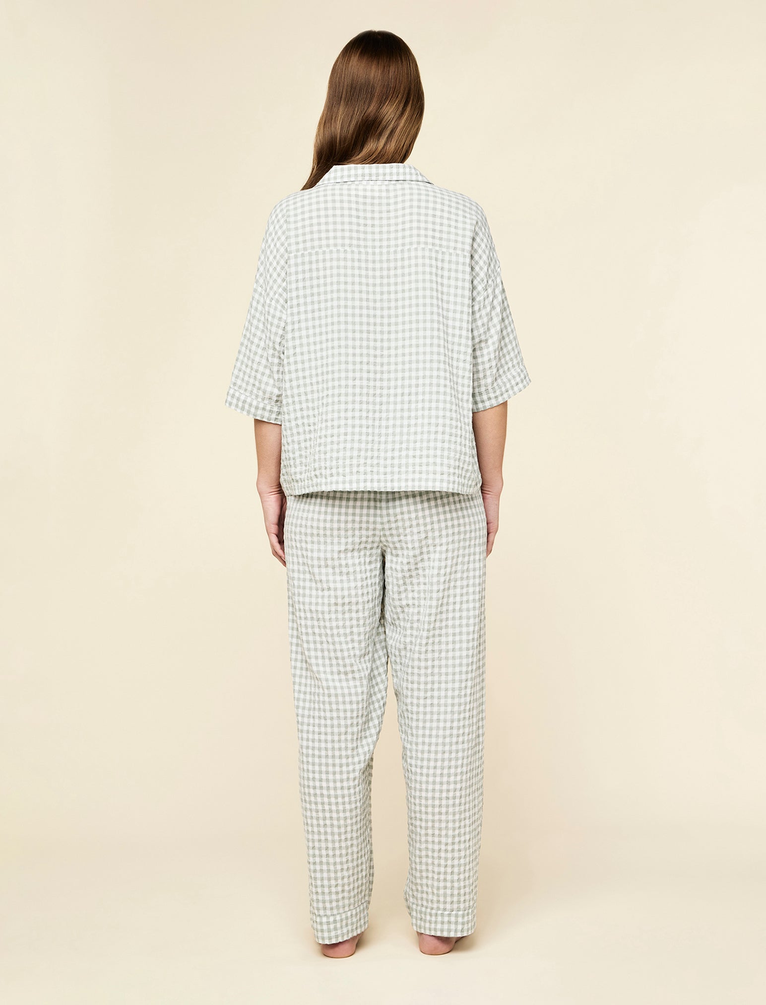 Seersucker Gingham Short Sleeve Shirt and Full Length Pant PJ