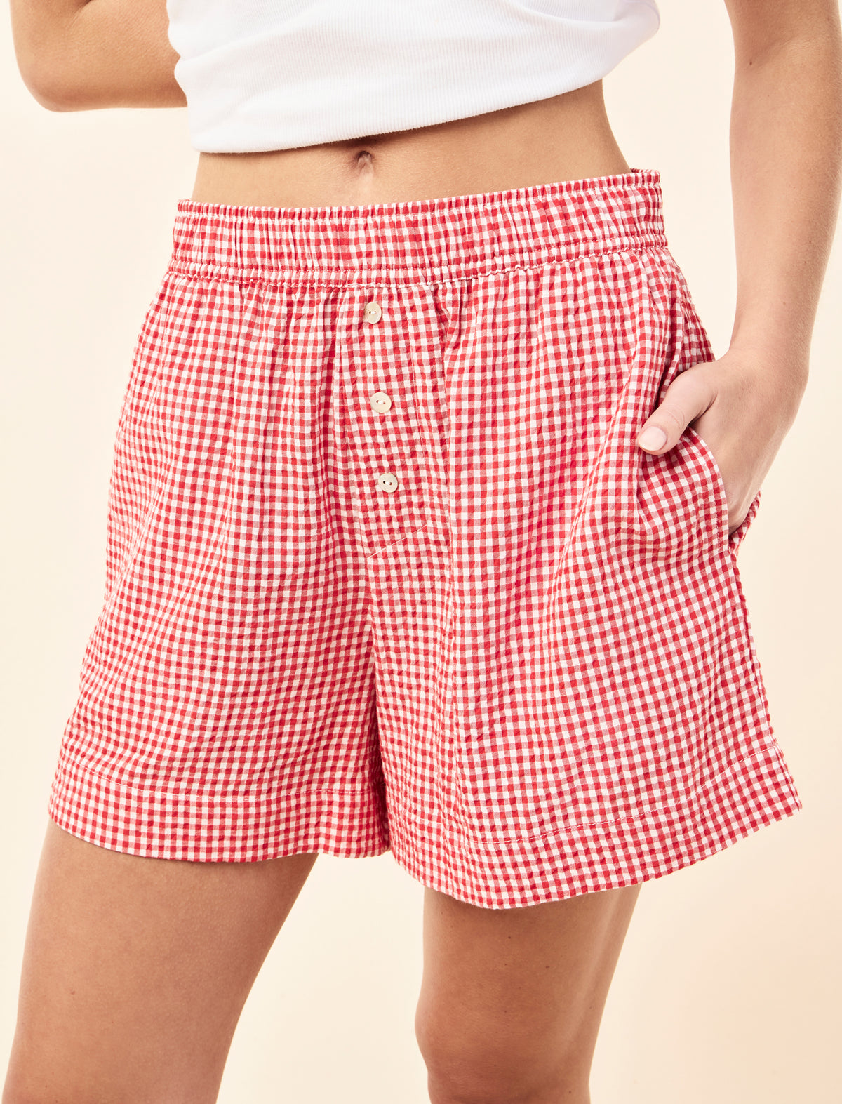 Yasmin wearing the Seersucker Gingham Boxer Short
[model: Yasmin wears size S |  Height: 174m
/ 5’7” | Bust: 82cm | Waist: 63cm | Hips: 92cm]