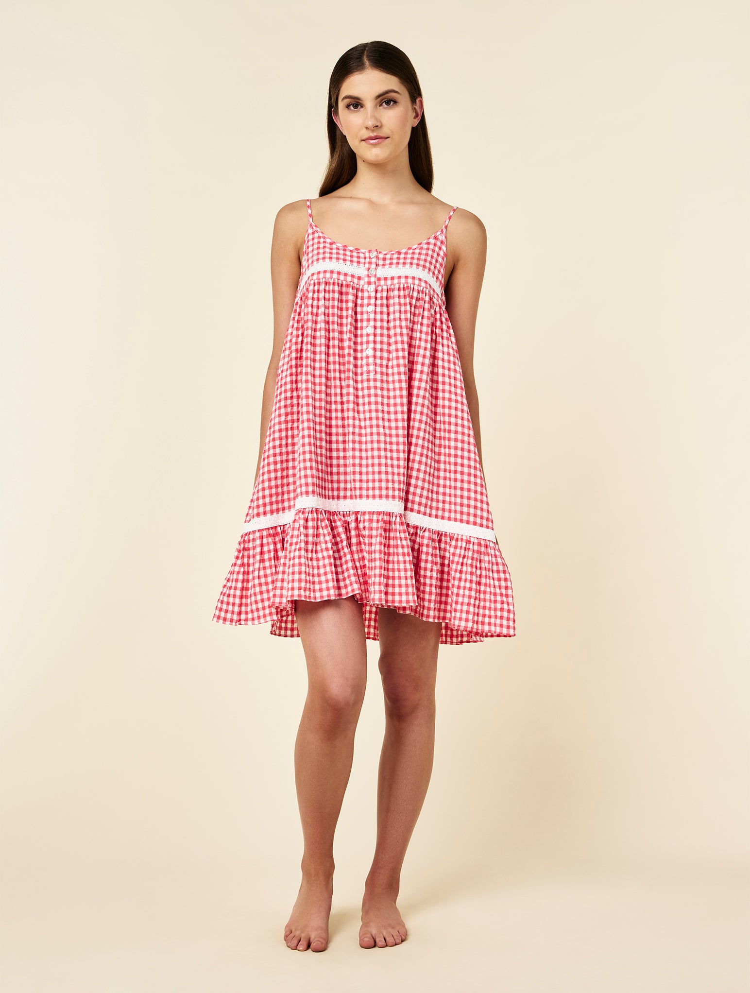 Seersucker Gingham Lace Trim Strappy Nightie