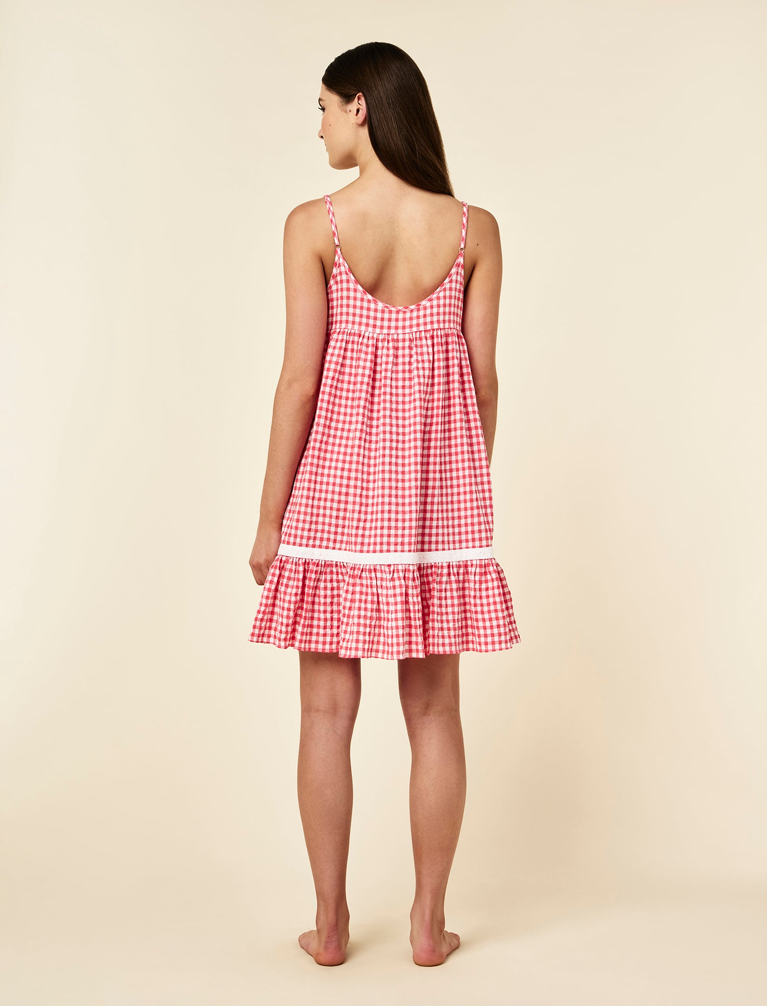 Seersucker Gingham Lace Trim Strappy Nightie