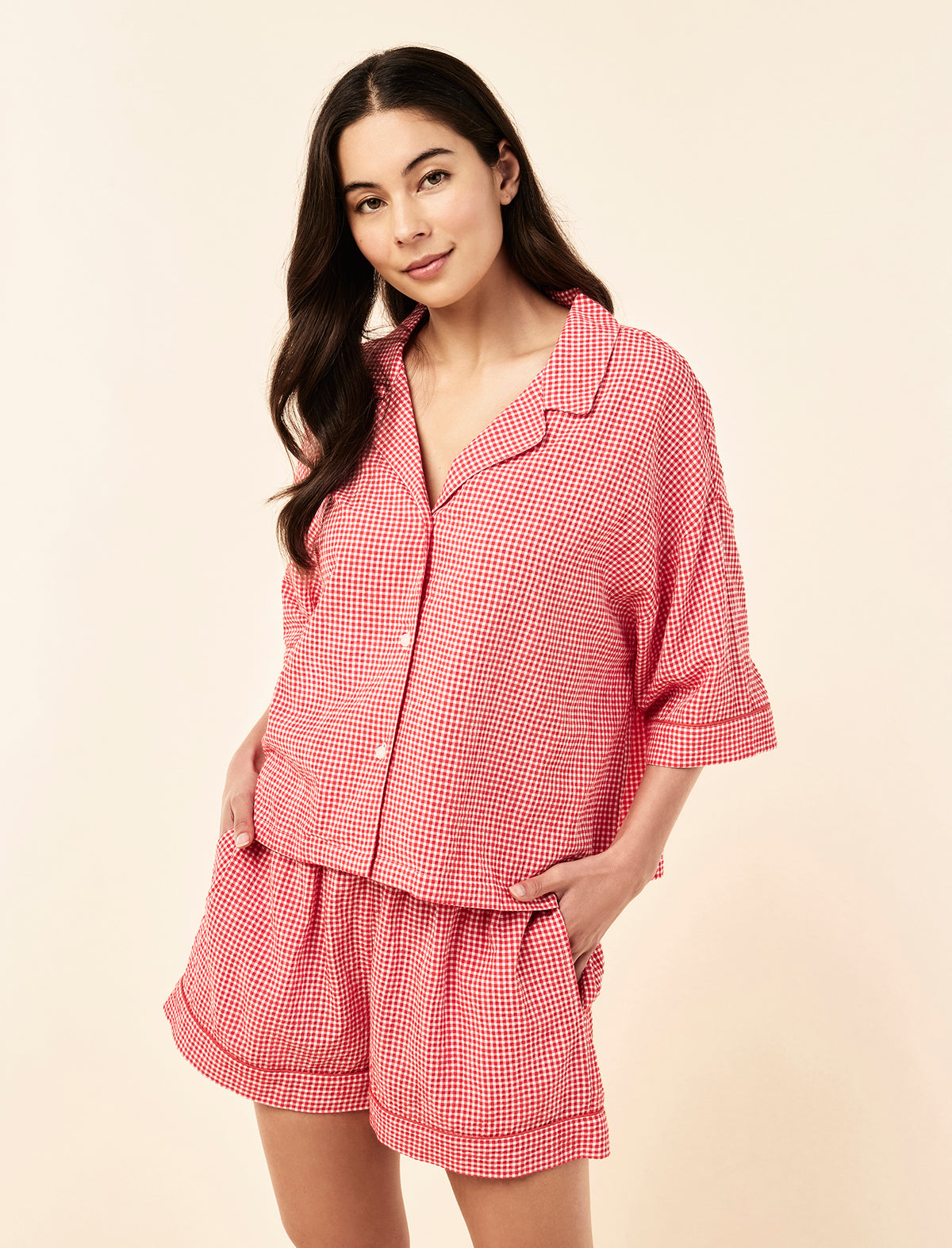 Sakura wearing the Seersucker Gingham Boxer PJ Set
[model: Sakura wears size S |  Height: 173cm/ 5’8” | Bust: 81cm | Waist: 64cm | Hips: 89cm]