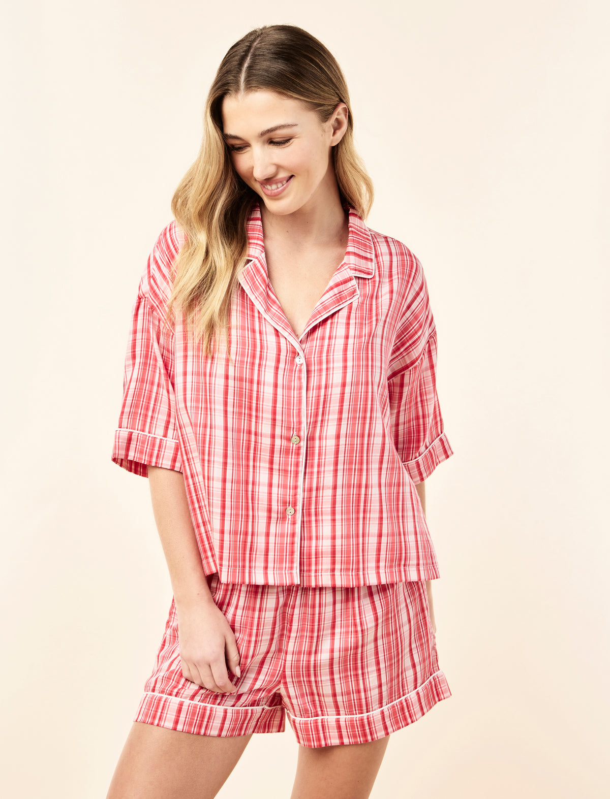Yasmin wearing the Noelle Plaid Boxer PJ Set
[model: Yasmin wears size S |  Height: 174m
/ 5’7” | Bust: 82cm | Waist: 63cm | Hips: 92cm]