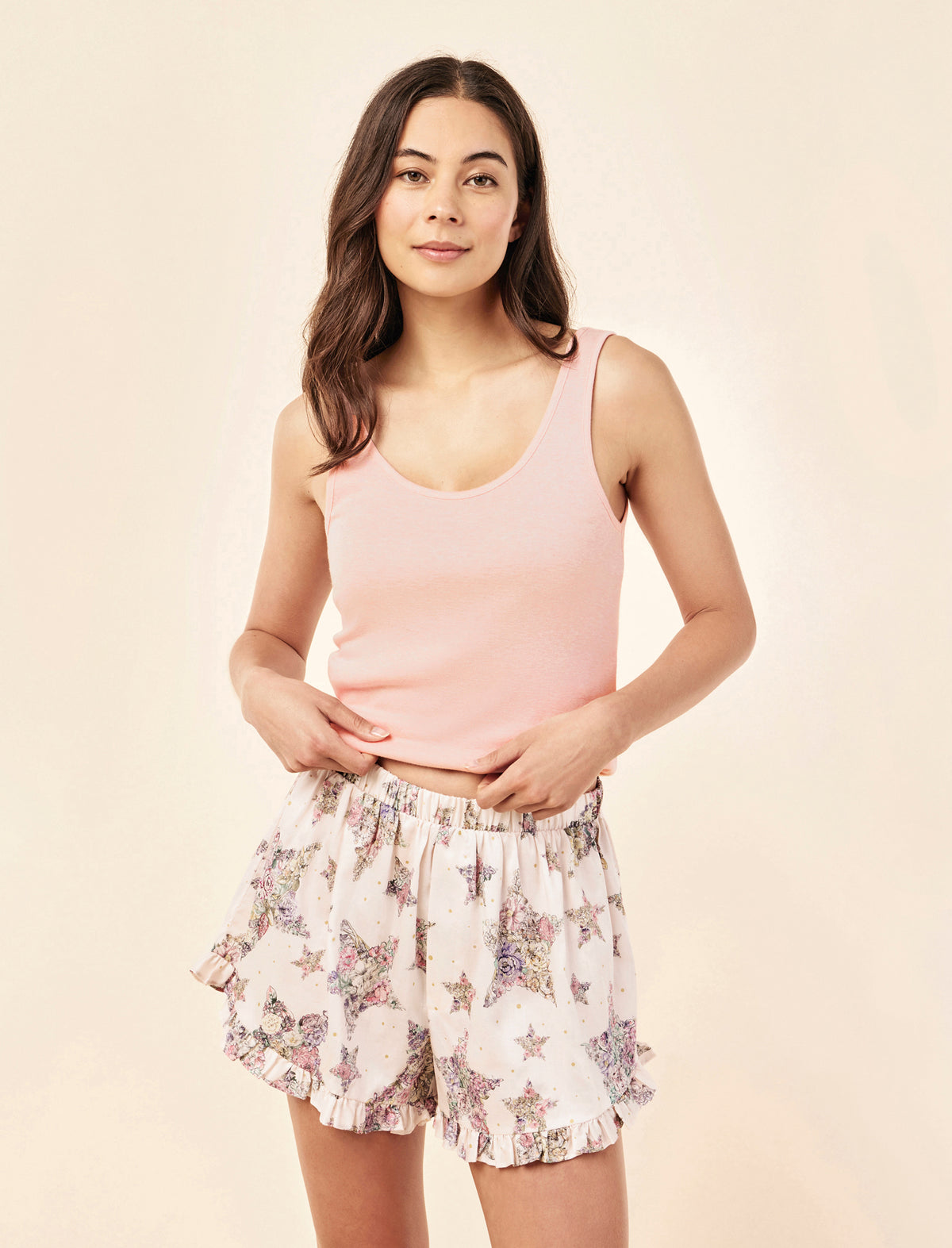 Sakura wearing the Floral Star Frill Boxer & Pia Tank Set
[model: Sakura wears size S |  Height: 173cm/ 5’8” | Bust: 81cm | Waist: 64cm | Hips: 89cm]
