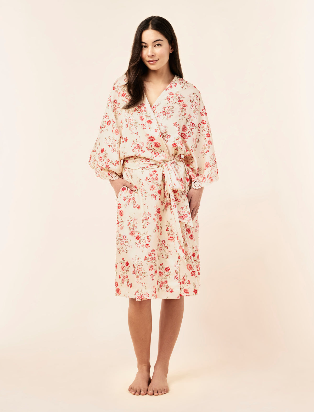 Border Floral Midi Kimono Robe