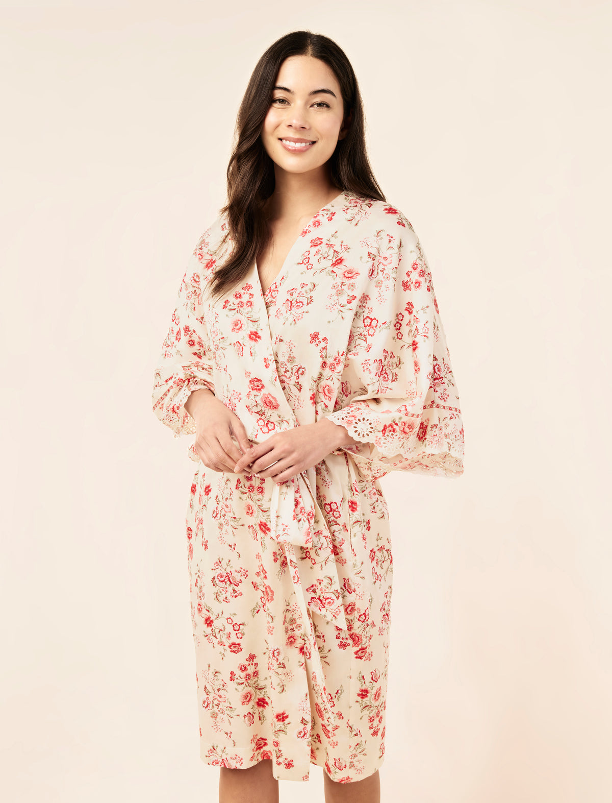 Sakura wearing the Border Floral Midi Kimono Robe
[model: Sakura wears size S |  Height: 173cm/ 5’8” | Bust: 81cm | Waist: 64cm | Hips: 89cm]