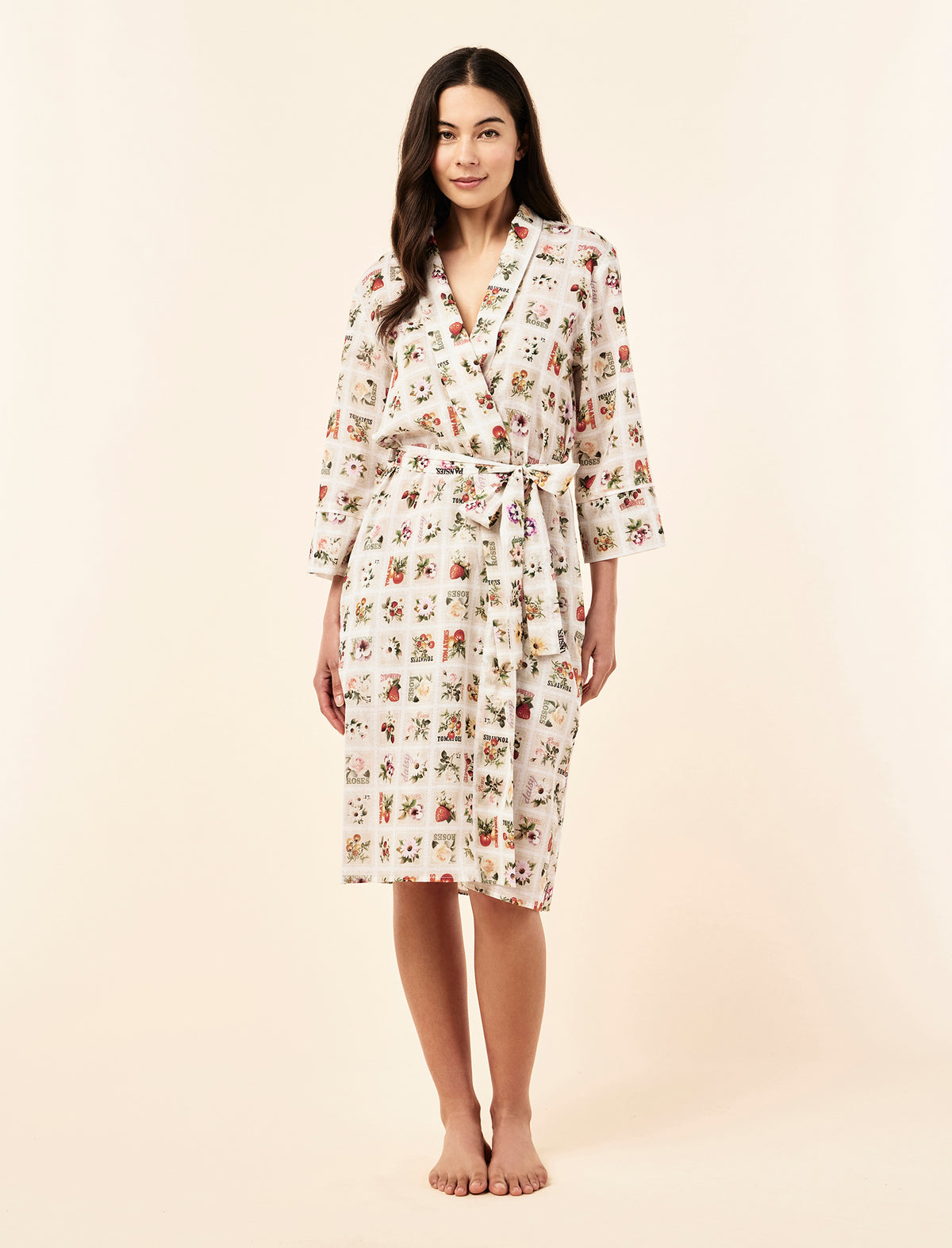 Sakura wearing the Blooms Midi Robe
[model: Sakura wears size S |  Height: 173cm/ 5’8” | Bust: 81cm | Waist: 64cm | Hips: 89cm]