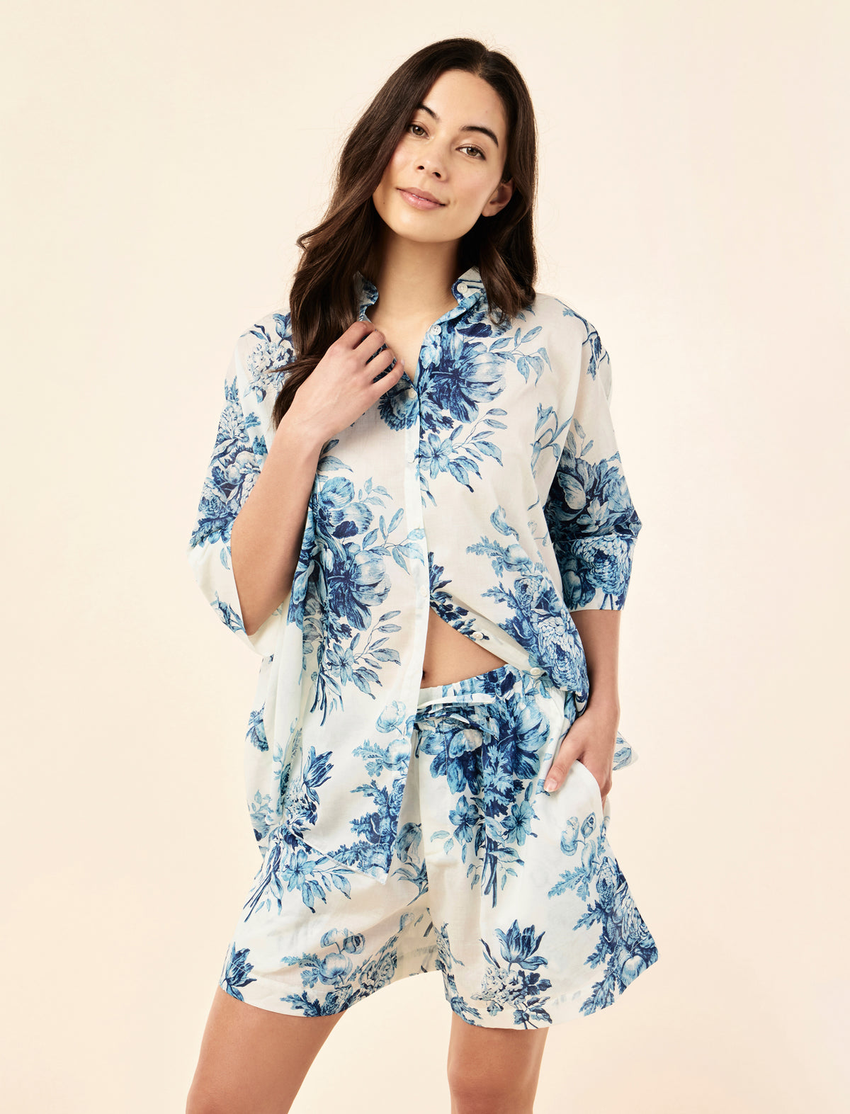 Sakura wearing the Karen Walker Romantic Floral Flowy Boxer PJ Set
[model: Sakura wears size S |  Height: 173cm/ 5’8” | Bust: 81cm | Waist: 64cm | Hips: 89cm]
