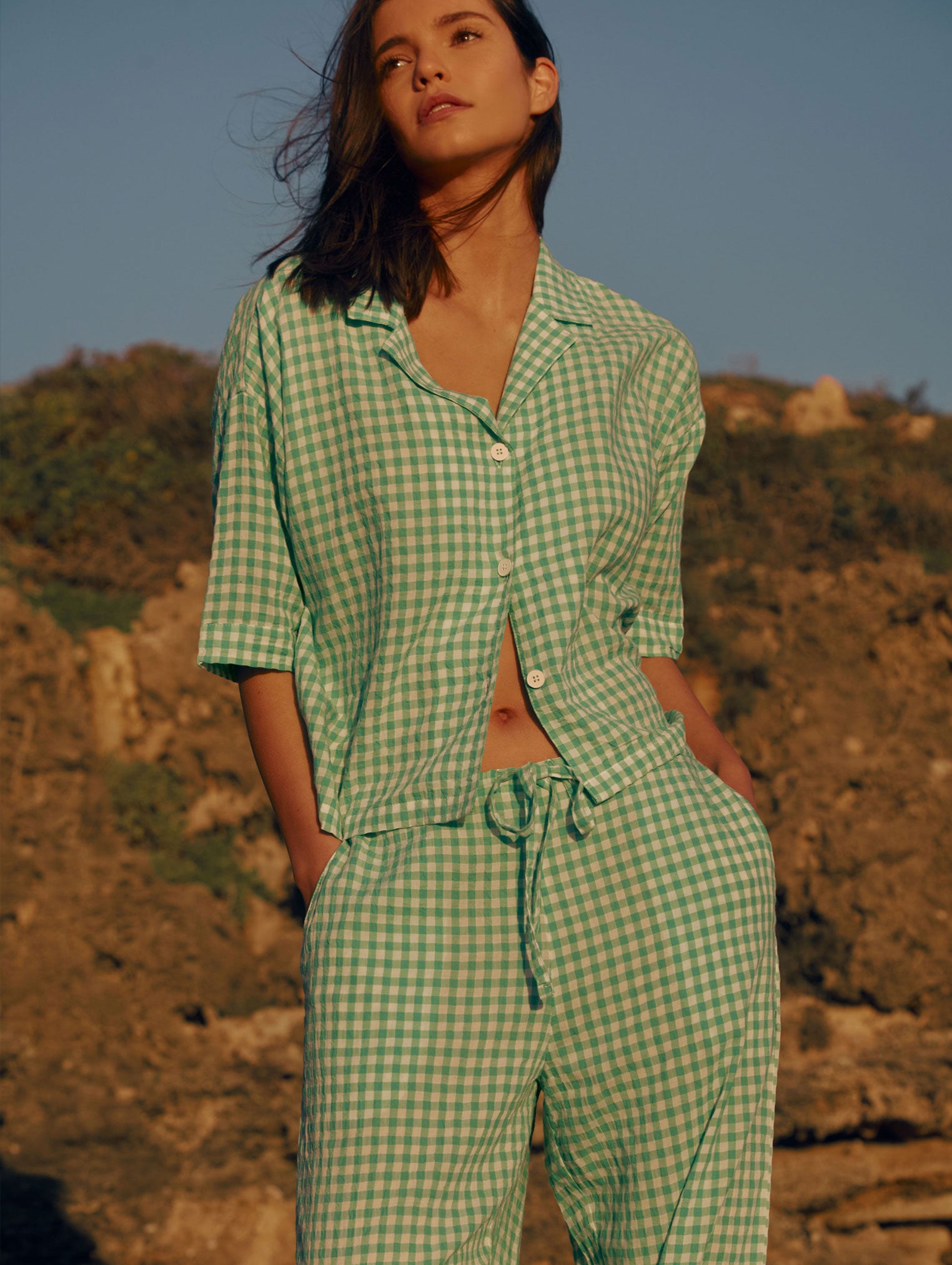 Seersucker Gingham Short Sleeve Shirt and Full Length Pant PJ